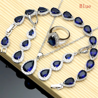 Water Drop Silver 925 Jewelry Red Ruby White Topaz Jewelry Sets Women Long Earrings/Pendant/Necklace/Rings/Bracelet Dropshipping