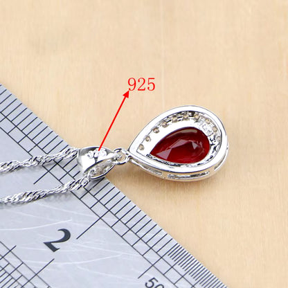 Water Drop Silver 925 Jewelry Red Ruby White Topaz Jewelry Sets Women Long Earrings/Pendant/Necklace/Rings/Bracelet Dropshipping