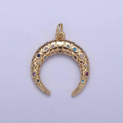 Crescent Moon Charm 16K Gold Filled Double Horn Pendant Necklace, Celestial Jewelry, Half Moon Tusk Upside down Tusk with Cz Stone N-356